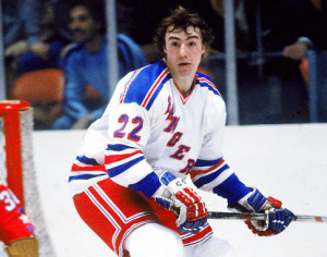 TOP AND GTHMB - American professional hockey player Nick Fotiu of the New York Rangers skates on the ice without a helmet near the goal during a home game, Madison Square Garden, New York City, January 1982. (Photo by Bruce Bennett Studios/Getty Images) Original Filename: 56716909.jpg